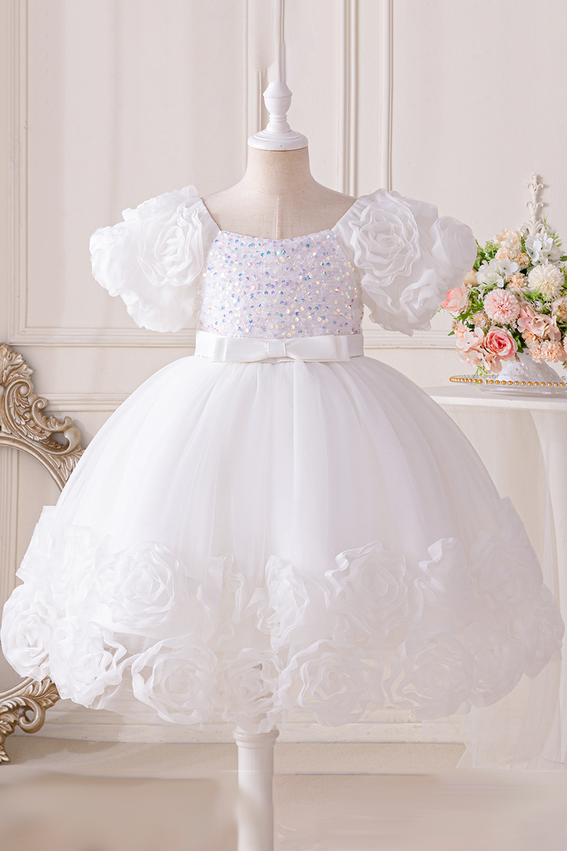 Pink Chiffon Sequin Bow and Flower Dress