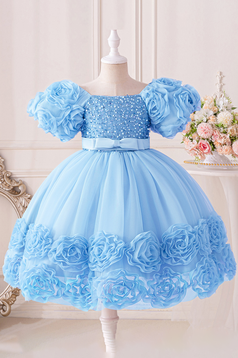 Pink Chiffon Sequin Bow and Flower Dress
