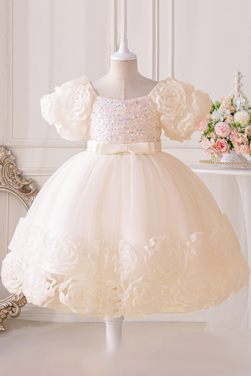 Pink Chiffon Sequin Bow and Flower Dress