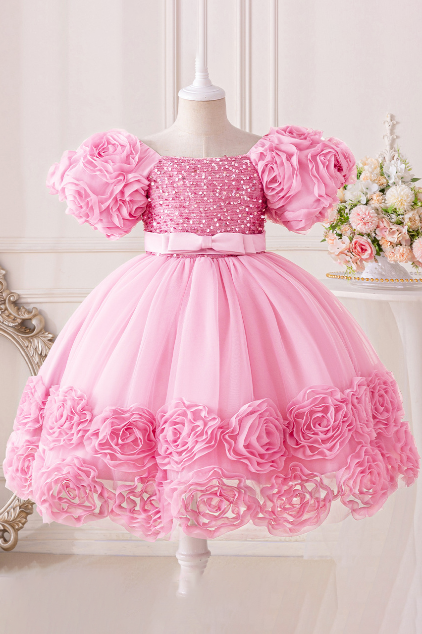 Pink Chiffon Sequin Bow and Flower Dress