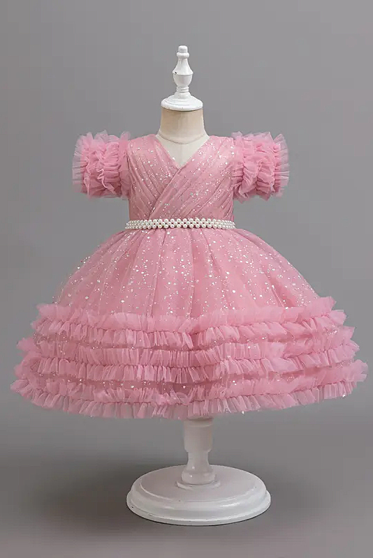 Pink Chiffon Sequin Pearl Mesh Ruffled Dress