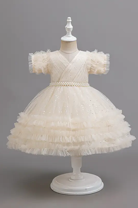 Pink Chiffon Sequin Pearl Mesh Ruffled Dress