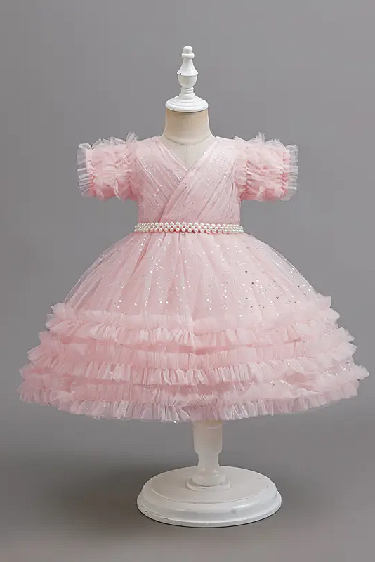 Pink Chiffon Sequin Pearl Mesh Ruffled Dress