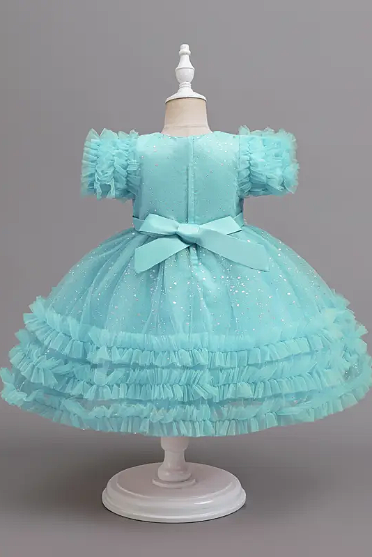 Pink Chiffon Sequin Pearl Mesh Ruffled Dress