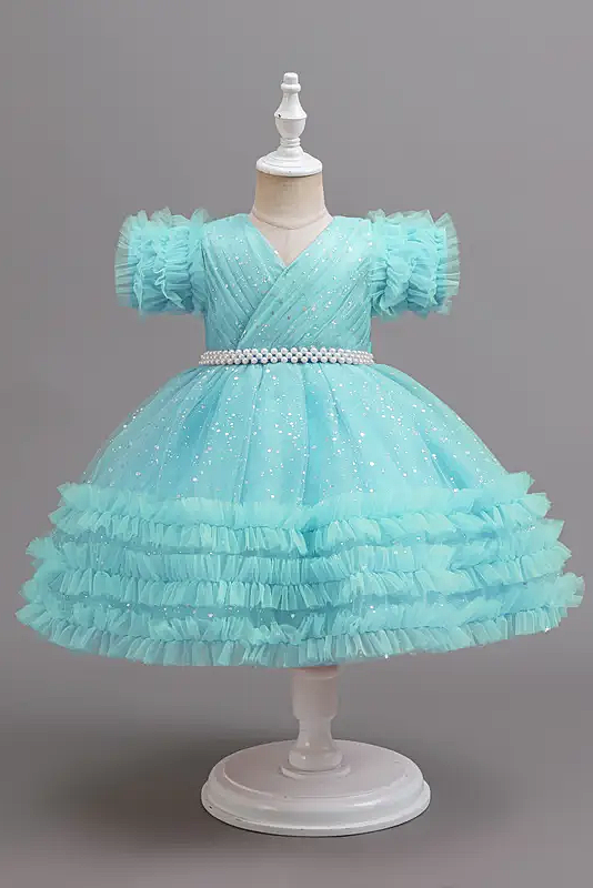 Pink Chiffon Sequin Pearl Mesh Ruffled Dress
