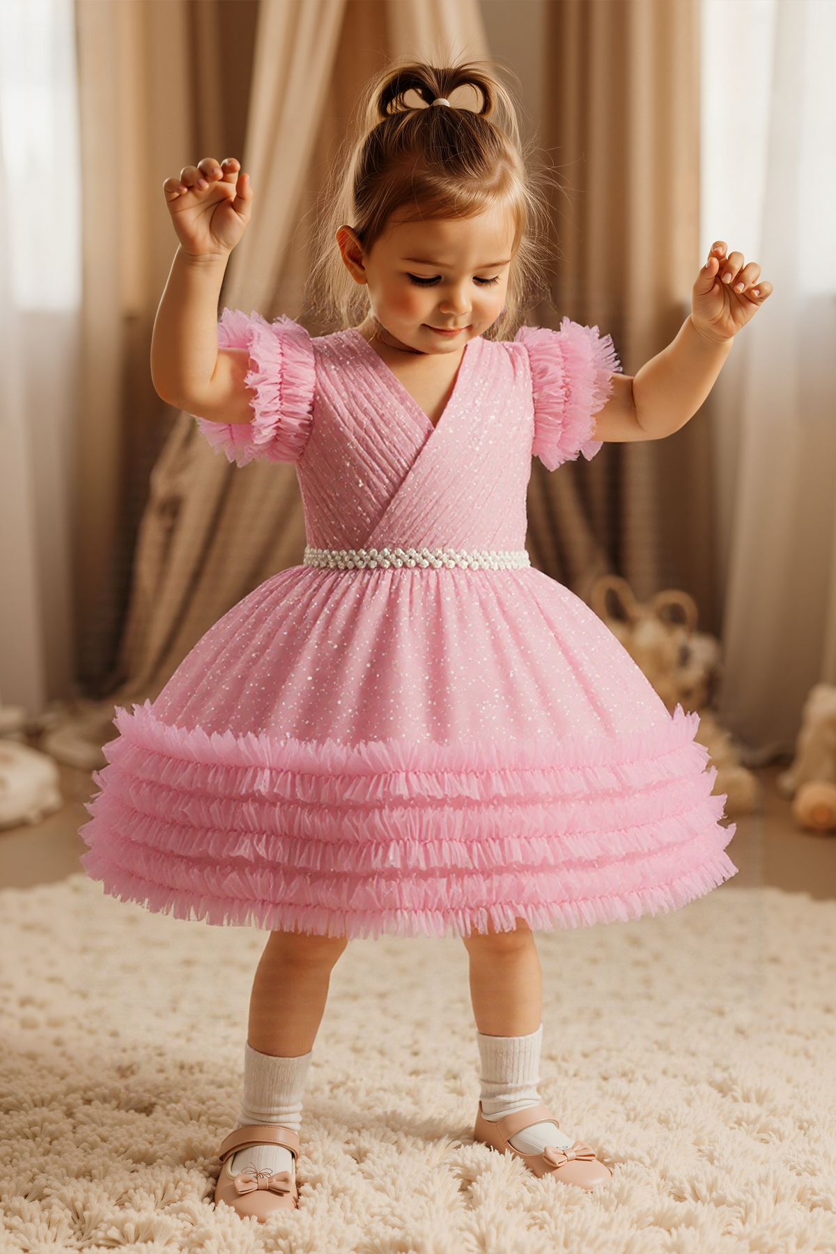 Pink Chiffon Sequin Pearl Mesh Ruffled Dress