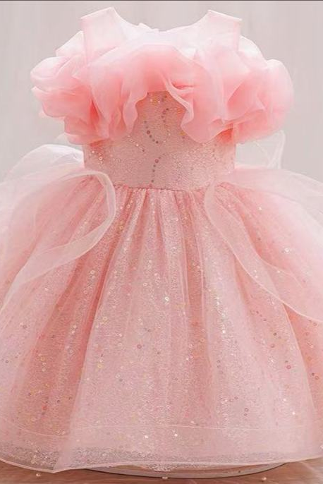 Light Pink Sequined Mesh Crew Neck A-line Dress