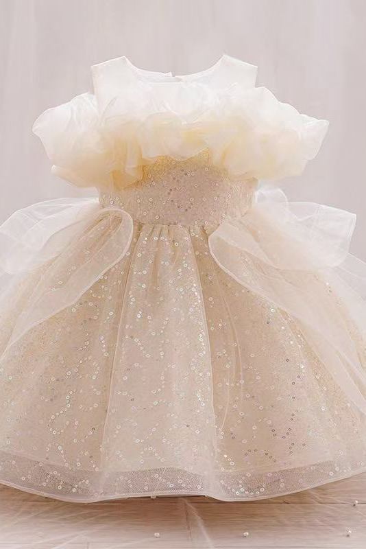 Light Pink Sequined Mesh Crew Neck A-line Dress