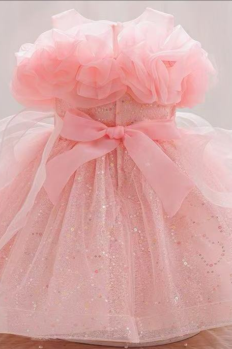 Light Pink Sequined Mesh Crew Neck A-line Dress