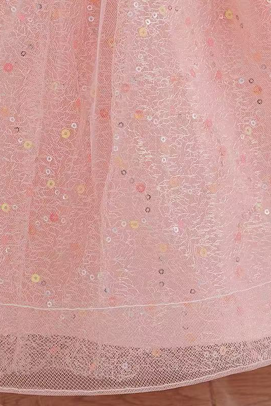 Light Pink Sequined Mesh Crew Neck A-line Dress