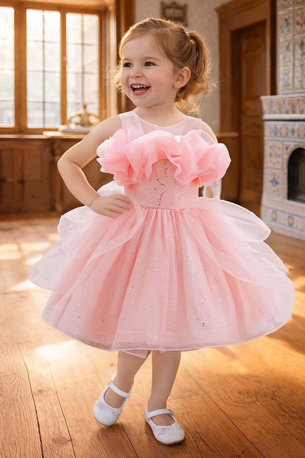 Light Pink Sequined Mesh Crew Neck A-line Dress
