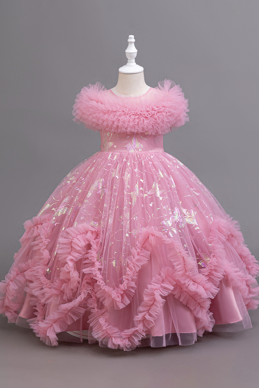 Pink Mesh Gold Foil Trim and Ruffled Bow Dress