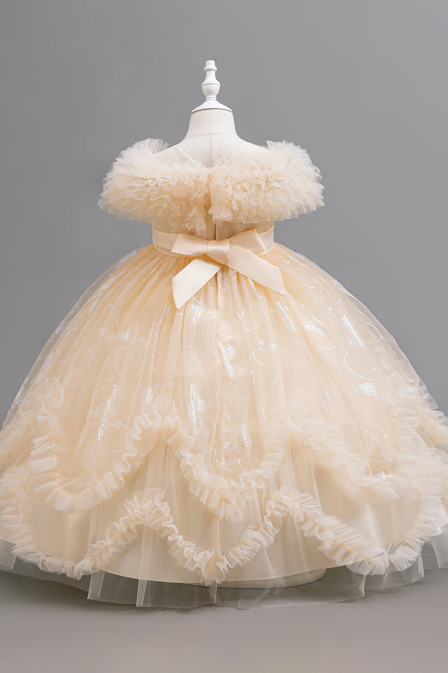Pink Mesh Gold Foil Trim and Ruffled Bow Dress