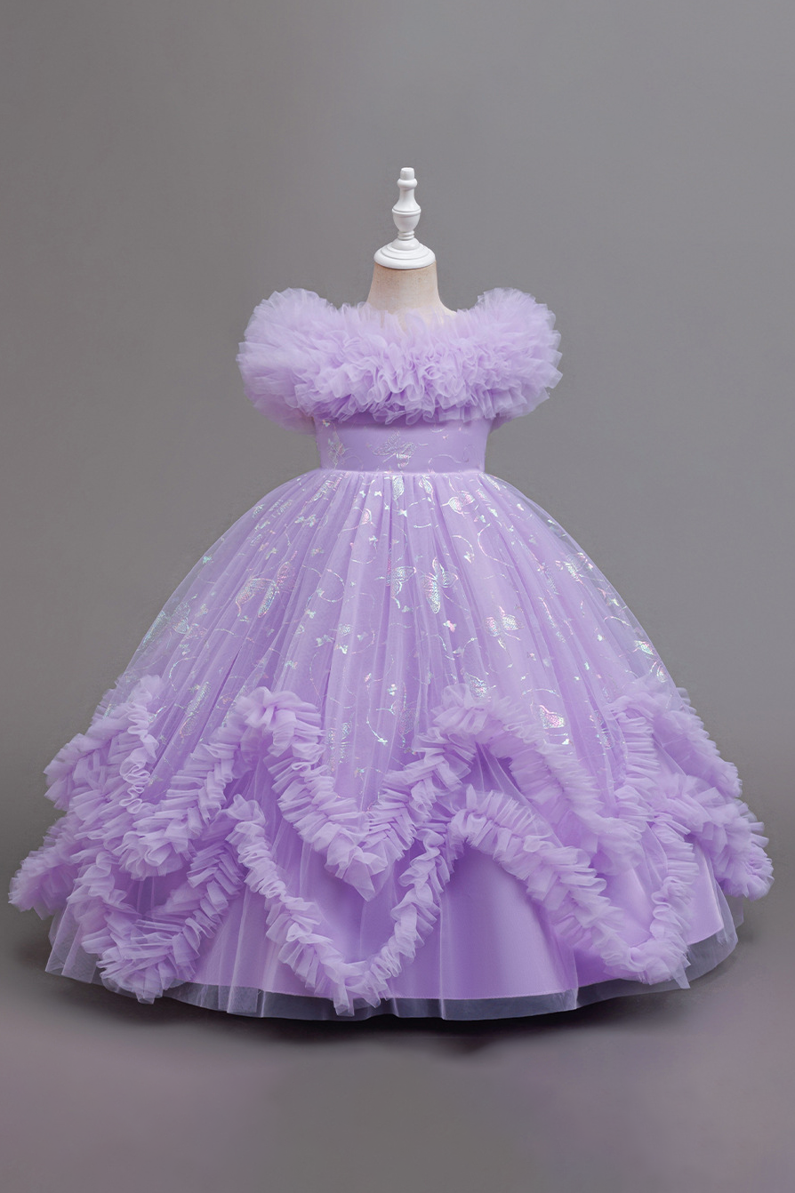 Pink Mesh Gold Foil Trim and Ruffled Bow Dress