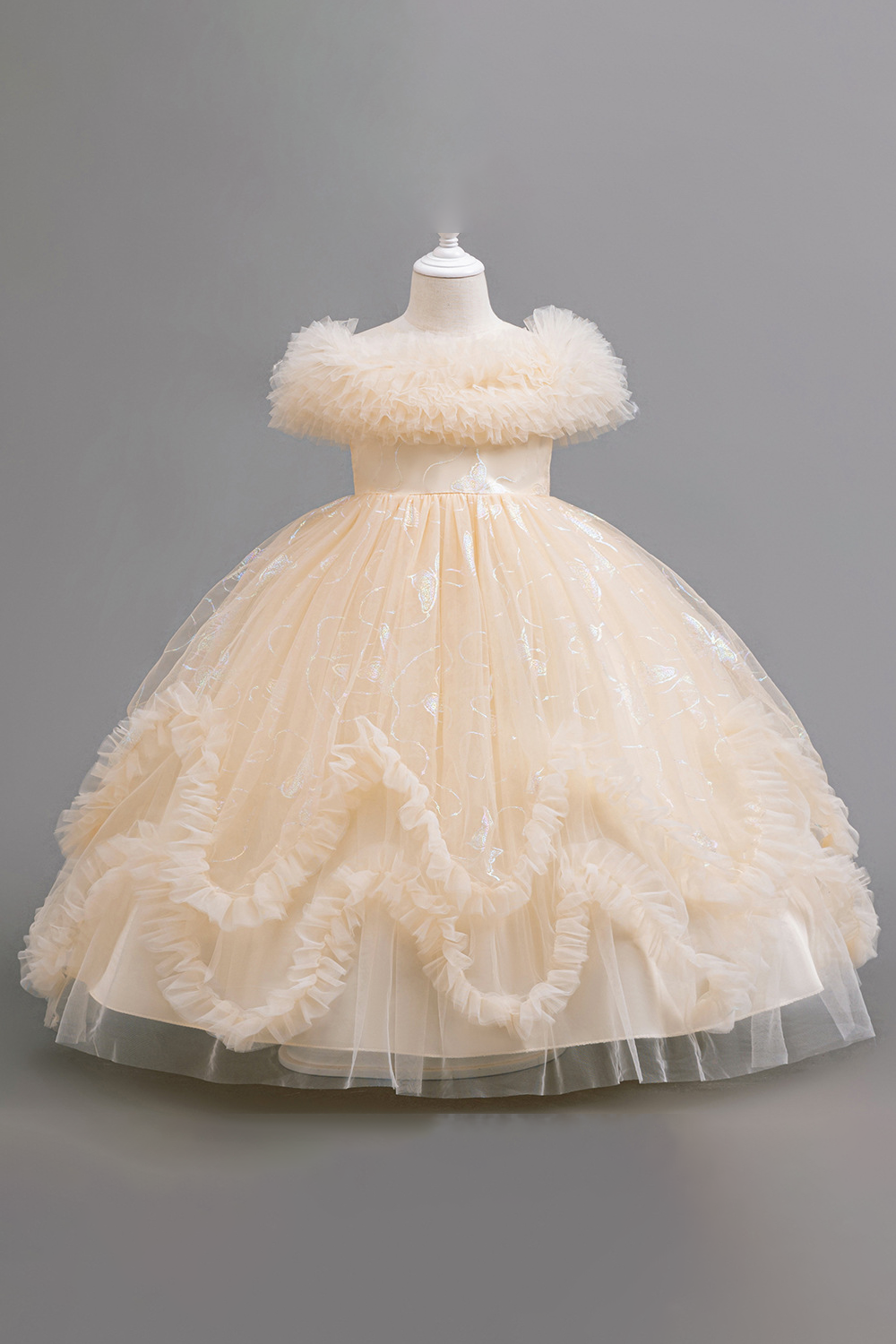 Pink Mesh Gold Foil Trim and Ruffled Bow Dress