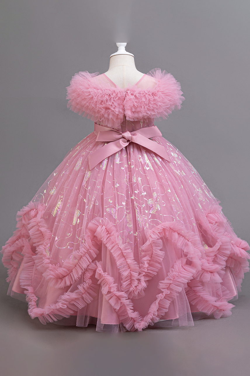 Pink Mesh Gold Foil Trim and Ruffled Bow Dress