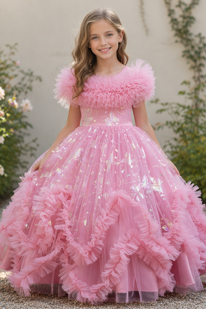 Pink Mesh Gold Foil Trim and Ruffled Bow Dress