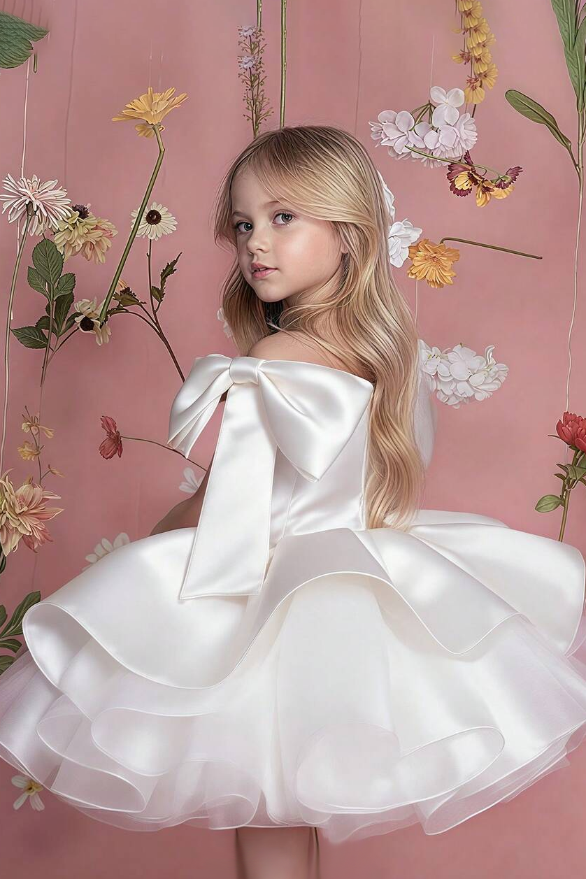 White Satin Mesh Symmetrical Large Bow Puff Dress