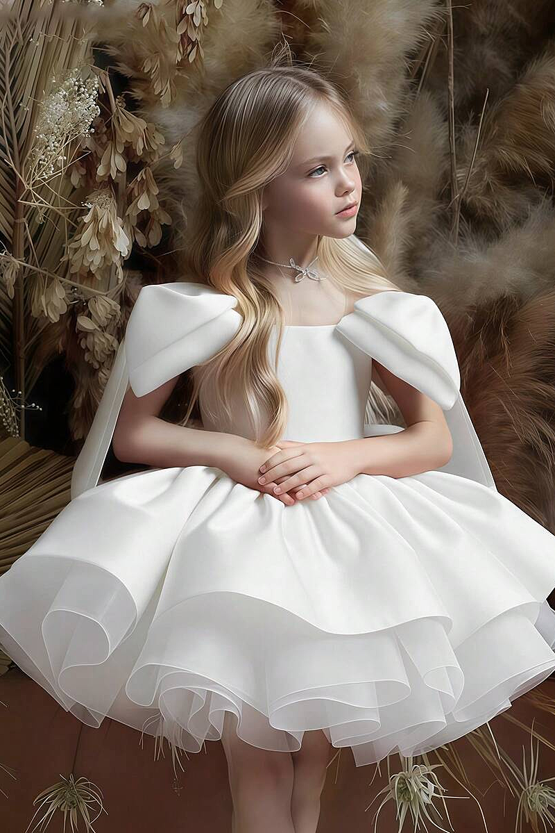 White Satin Mesh Symmetrical Large Bow Puff Dress