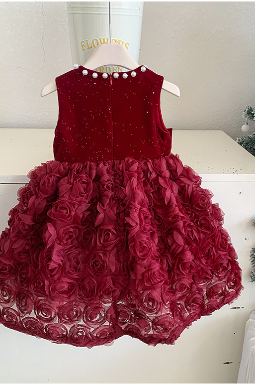 Vintage Red Pearl Shimmering Velvet 3D Rose A-line Dress