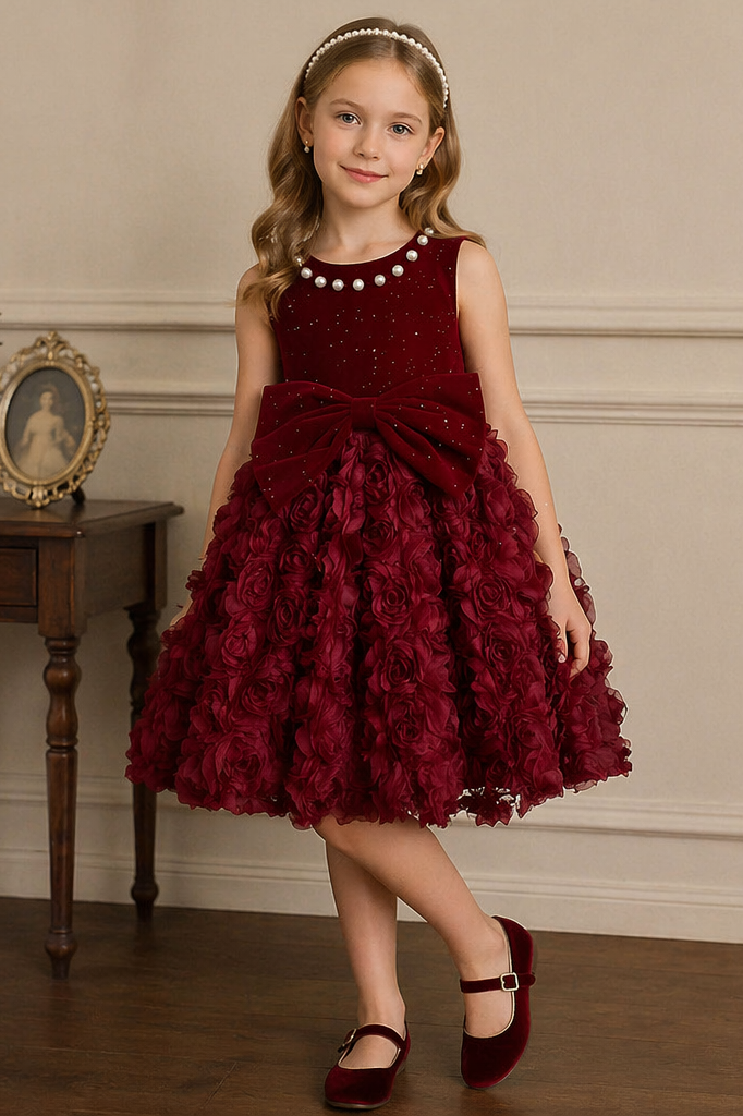 Vintage Red Pearl Shimmering Velvet 3D Rose A-line Dress