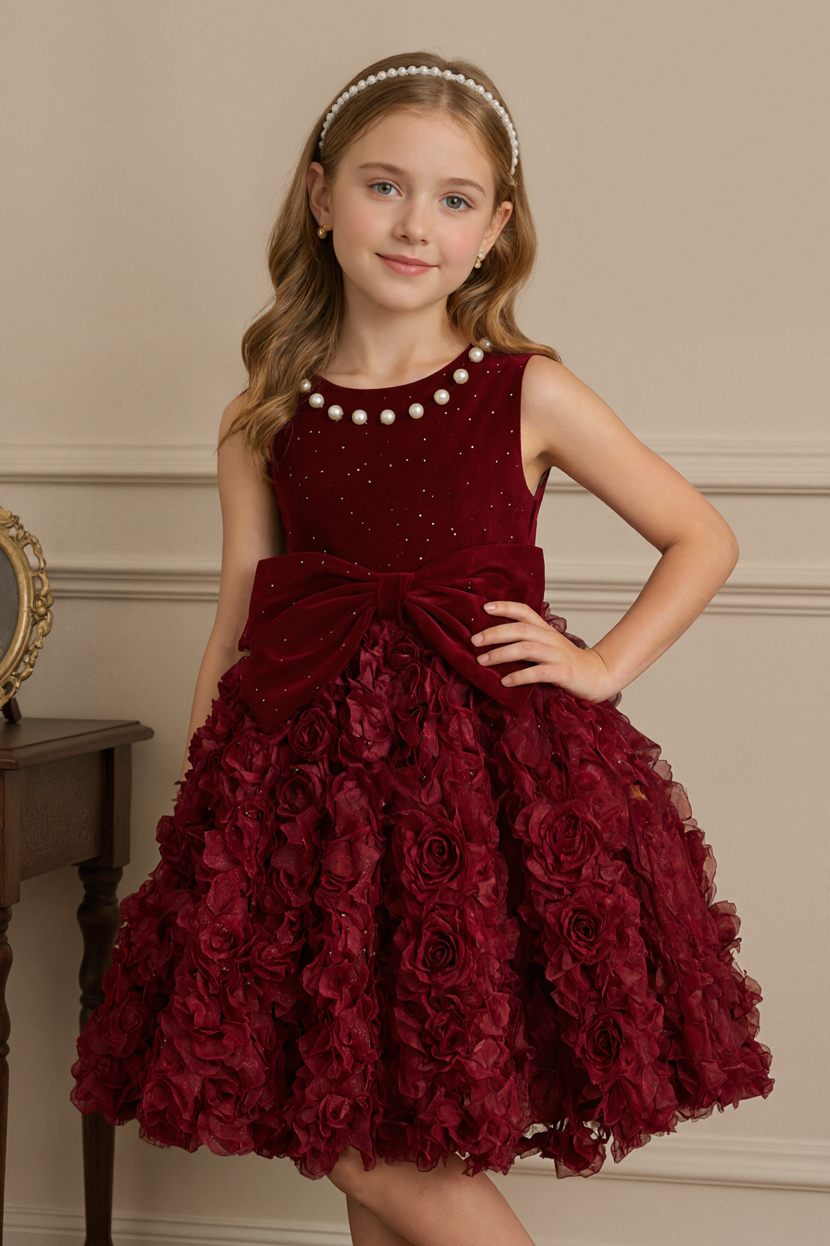 Vintage Red Pearl Shimmering Velvet 3D Rose A-line Dress