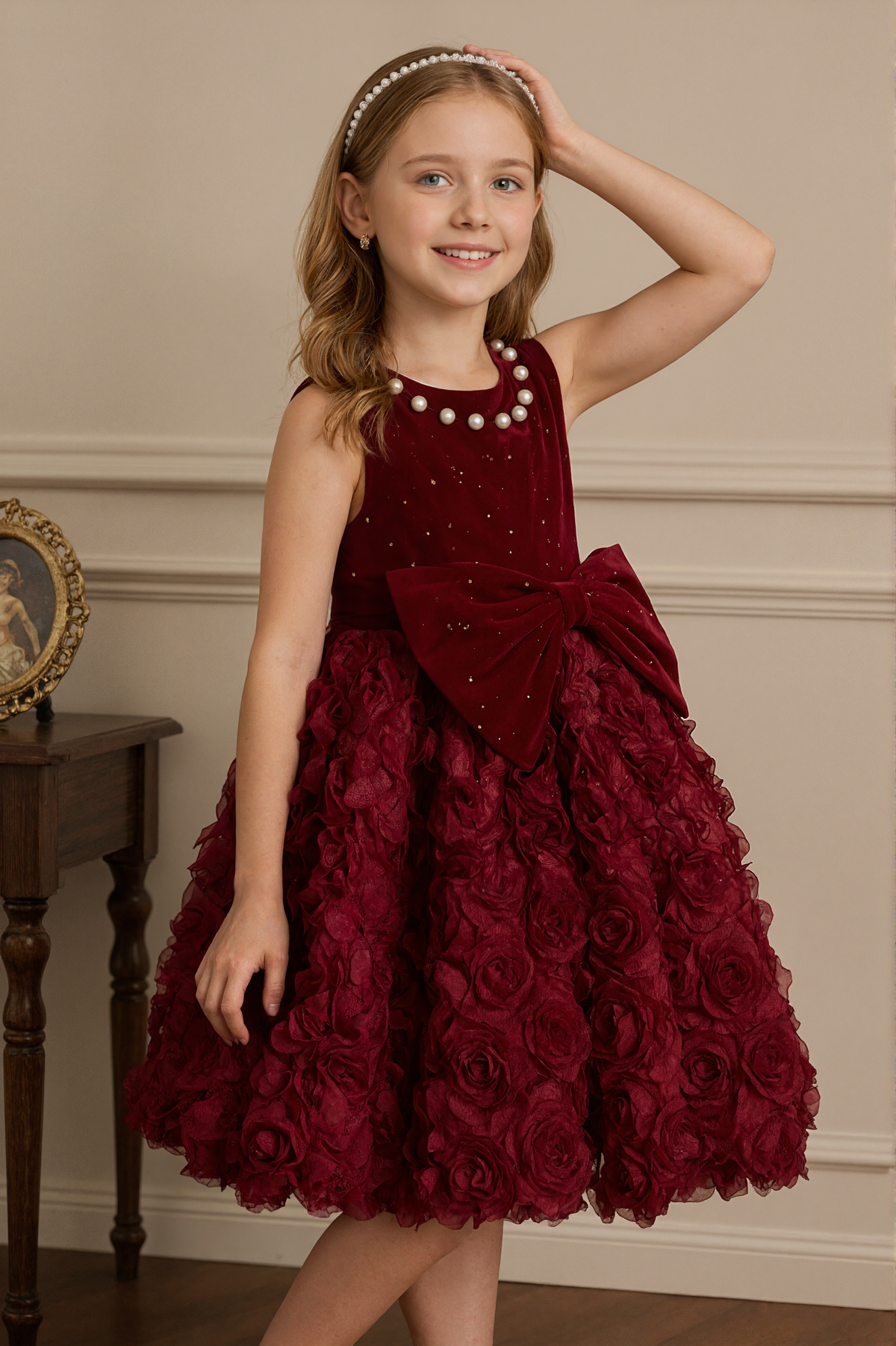 Vintage Red Pearl Shimmering Velvet 3D Rose A-line Dress