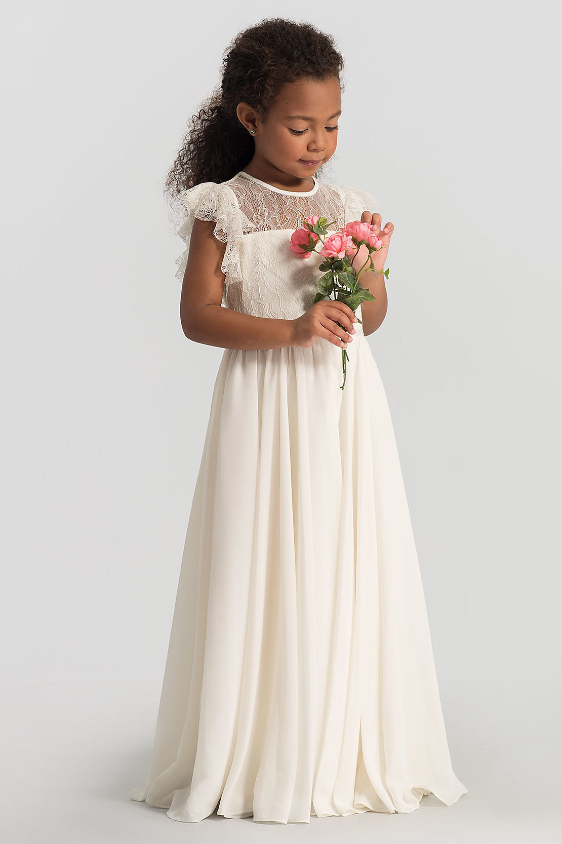 Beige Lace Chiffon Round Neck A-line Long Dress