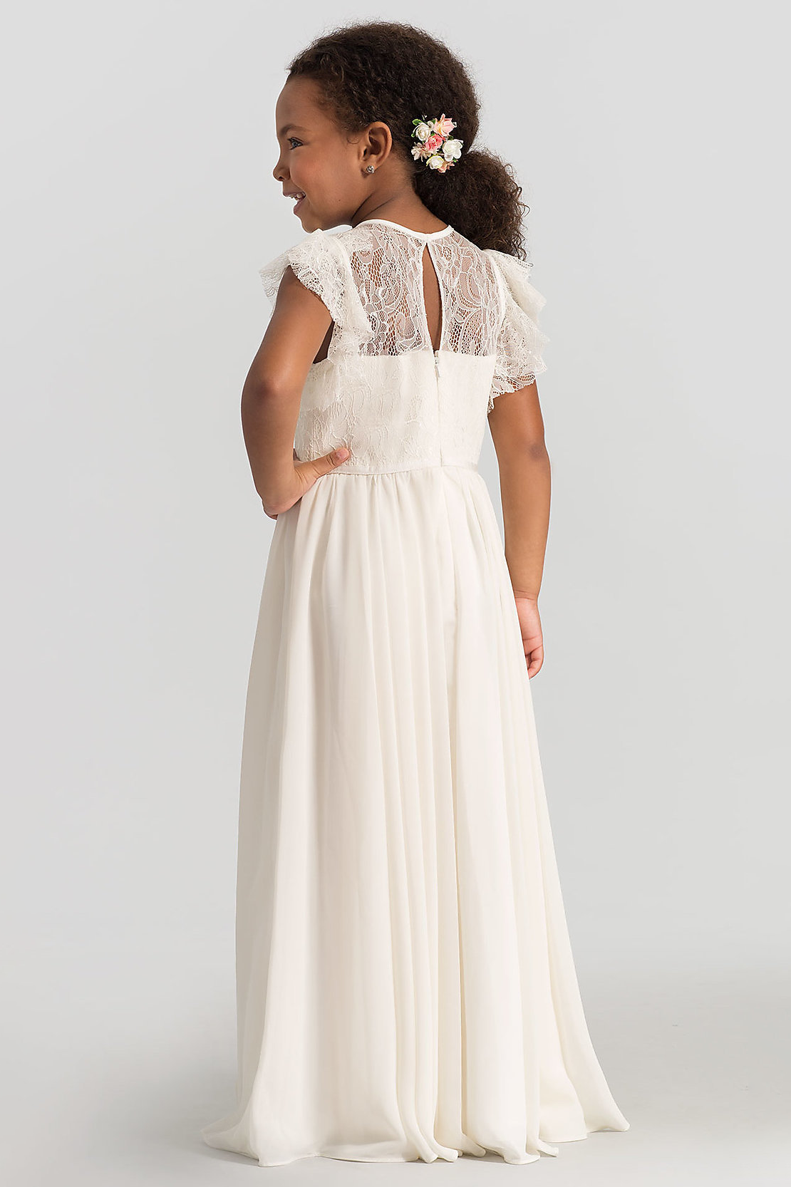 Beige Lace Chiffon Round Neck A-line Long Dress