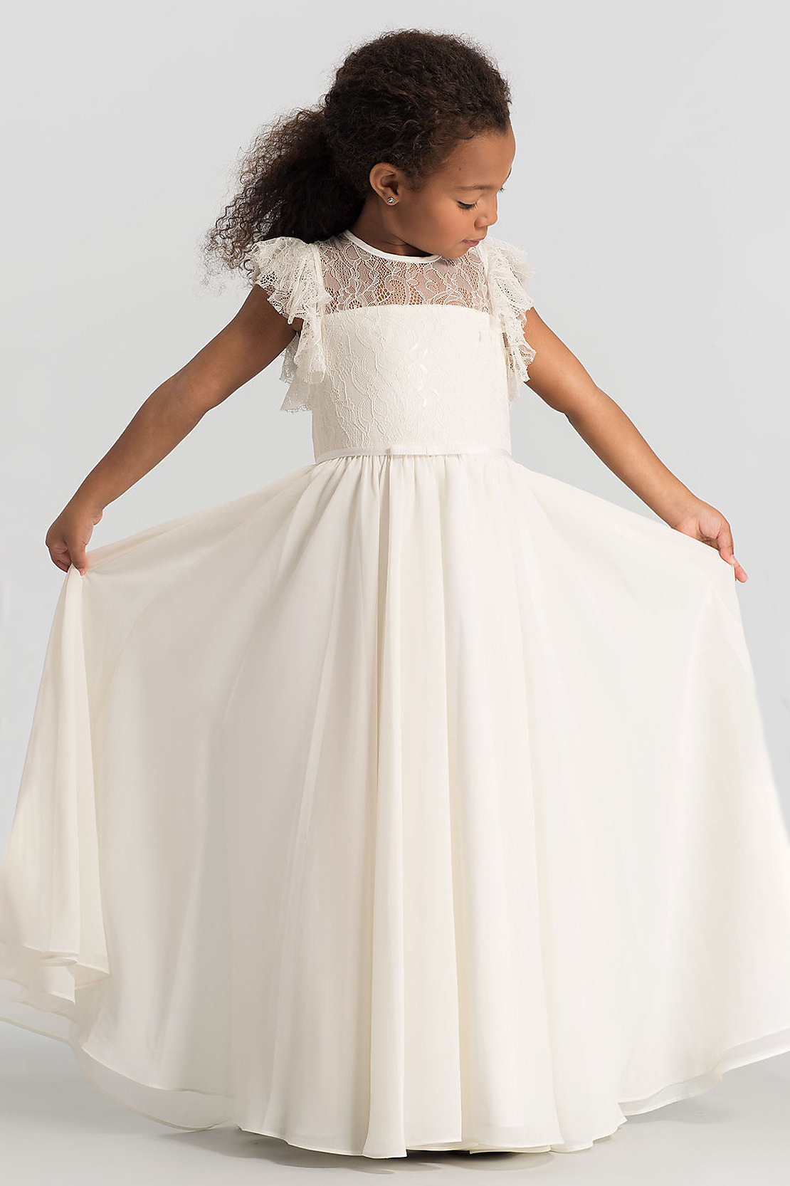 Beige Lace Chiffon Round Neck A-line Long Dress