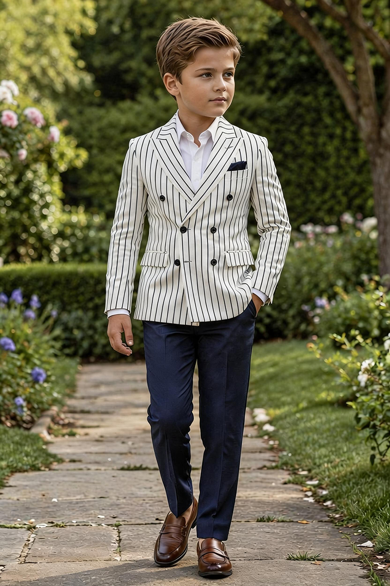 Boys White Pinstripe Double-Breasted Blazer & Navy Trousers 2-Piece Suit