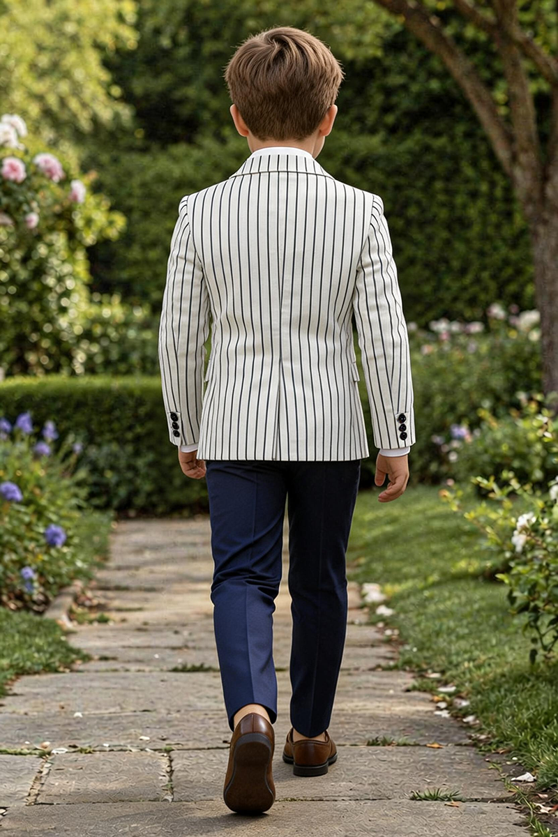 Boys White Pinstripe Double-Breasted Blazer & Navy Trousers 2-Piece Suit