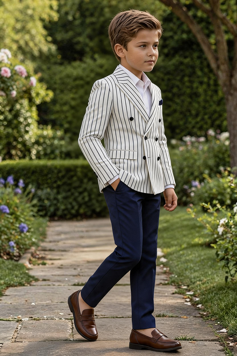 Boys White Pinstripe Double-Breasted Blazer & Navy Trousers 2-Piece Suit