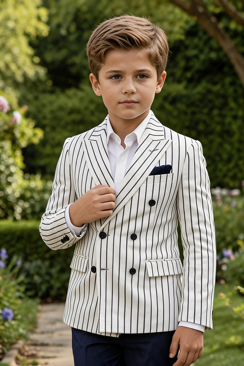 Boys White Pinstripe Double-Breasted Blazer & Navy Trousers 2-Piece Suit