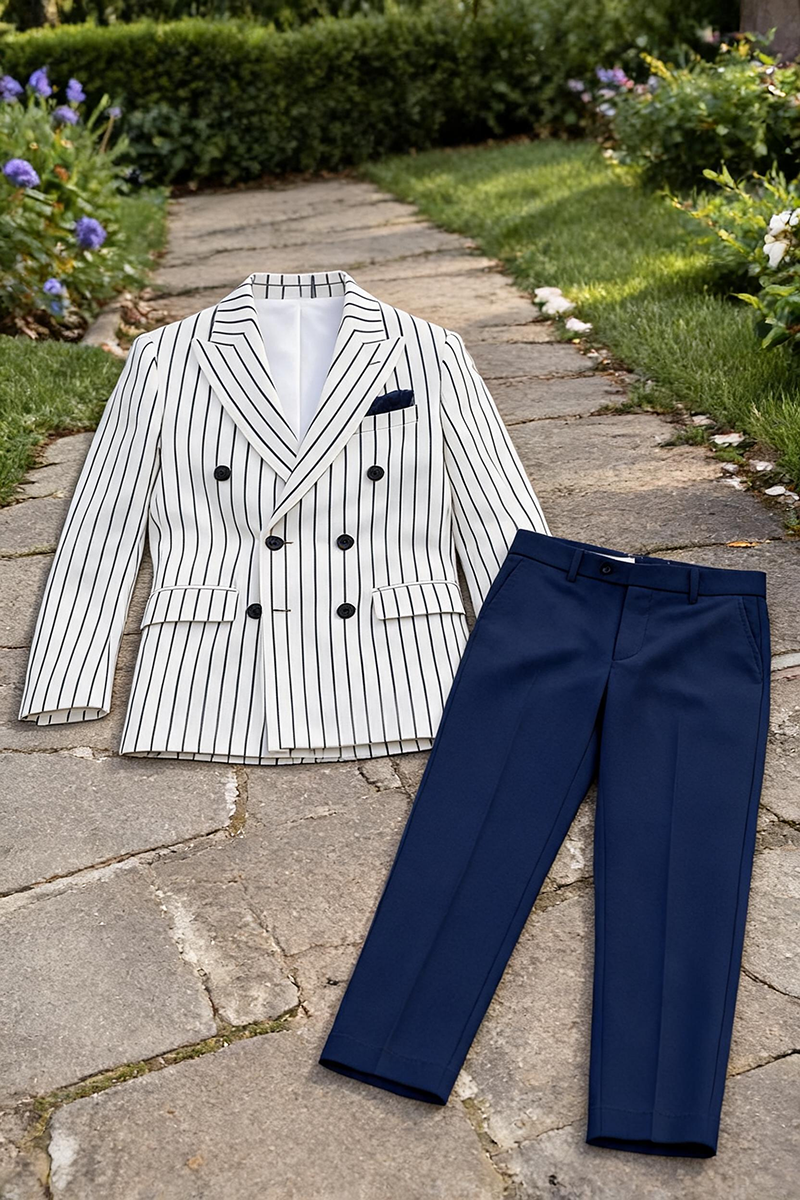 Boys White Pinstripe Double-Breasted Blazer & Navy Trousers 2-Piece Suit