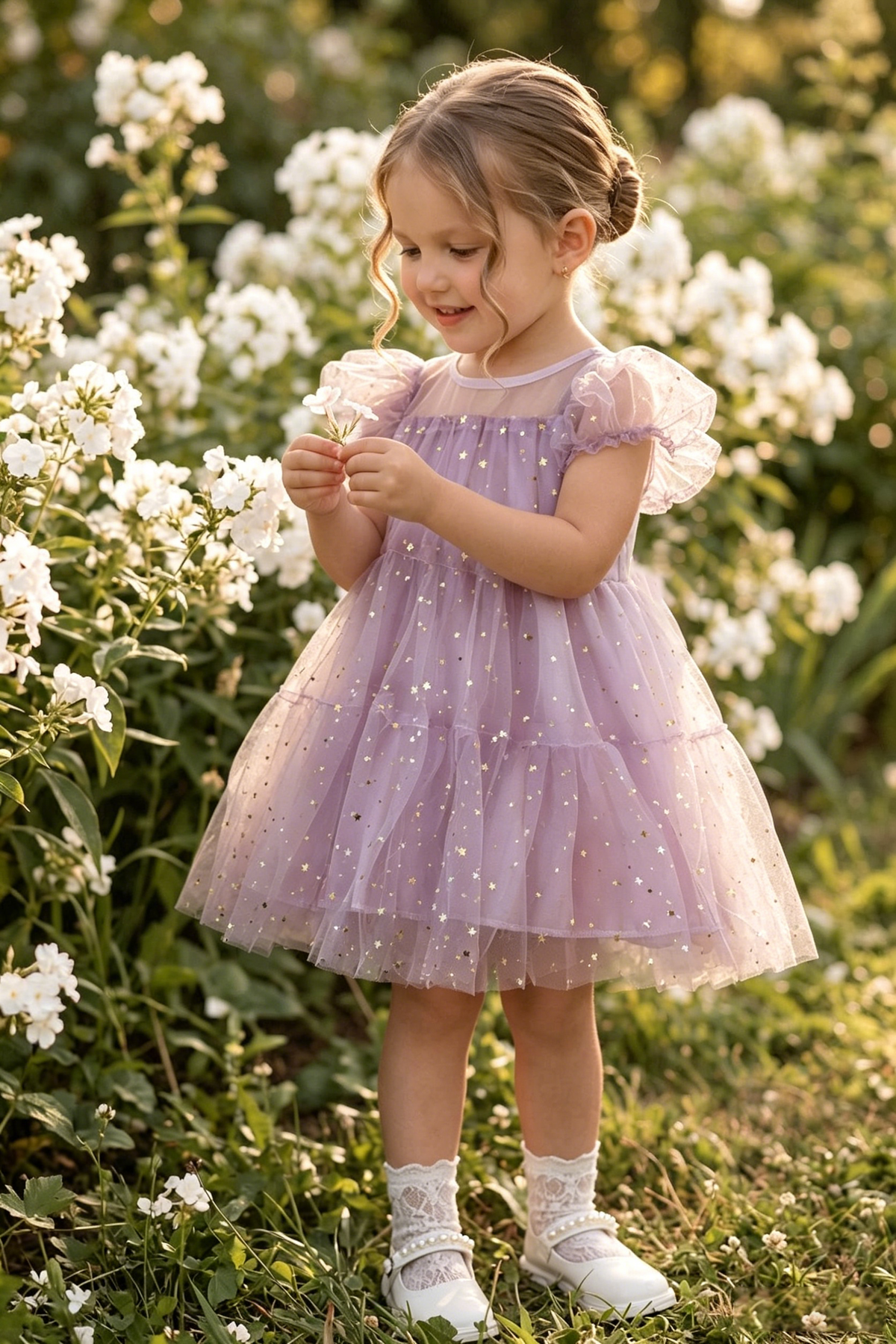 Purple Mesh Star-Foil Puff Sleeve A-line Dress