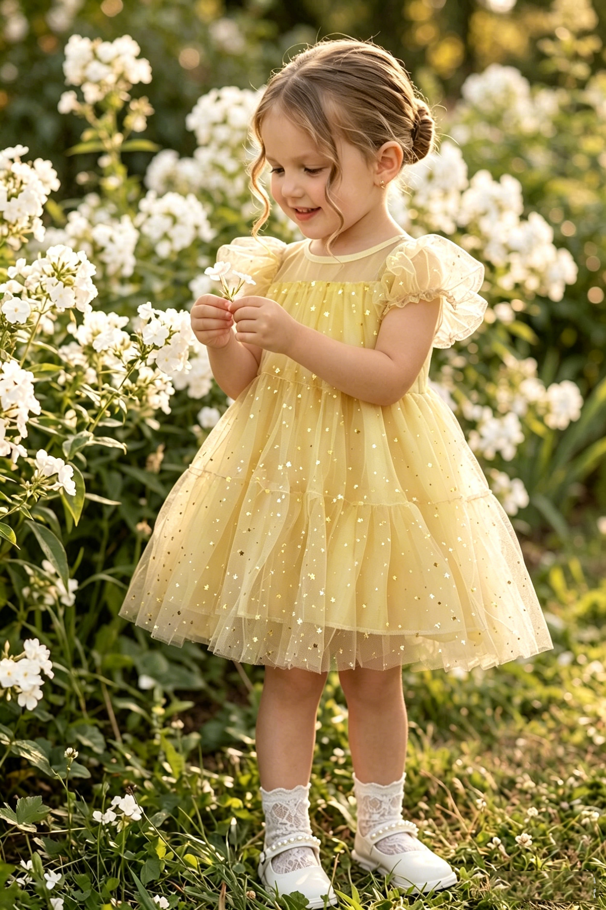 Purple Mesh Star-Foil Puff Sleeve A-line Dress
