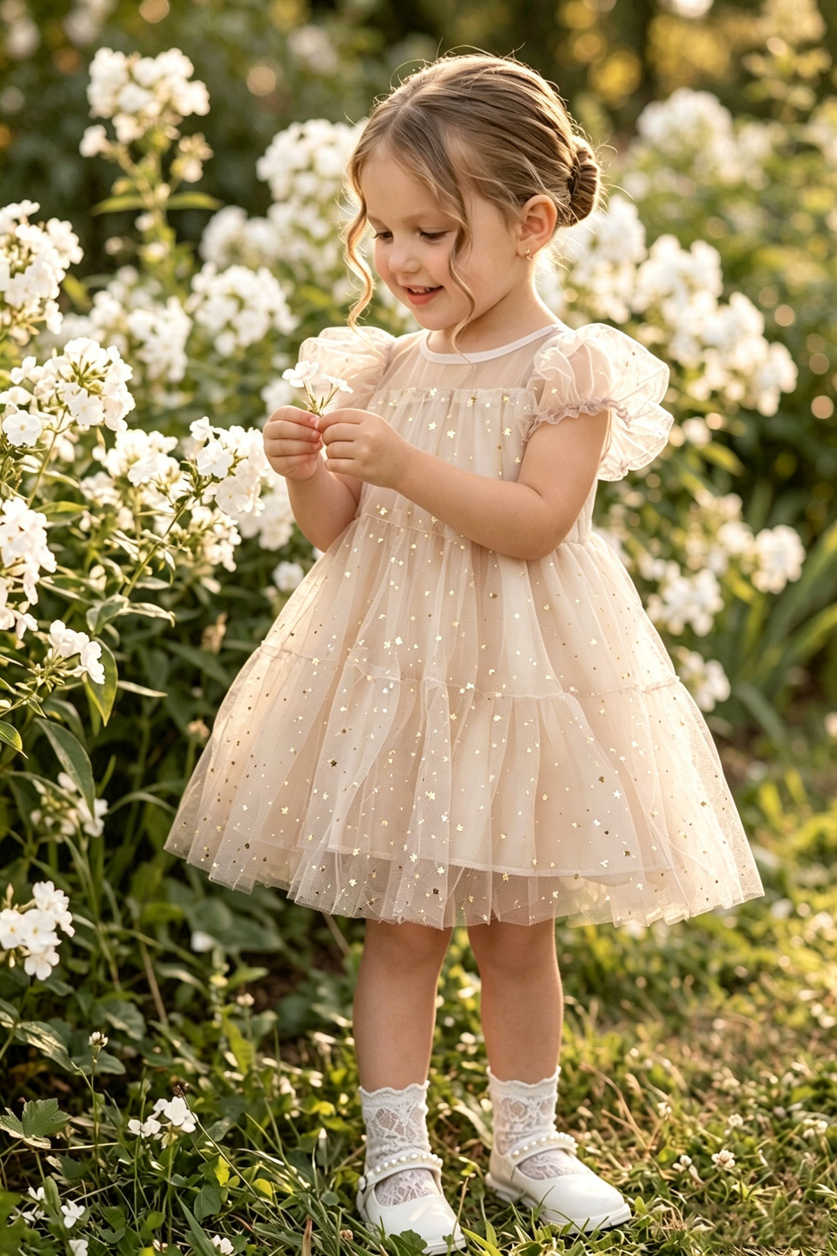 Purple Mesh Star-Foil Puff Sleeve A-line Dress