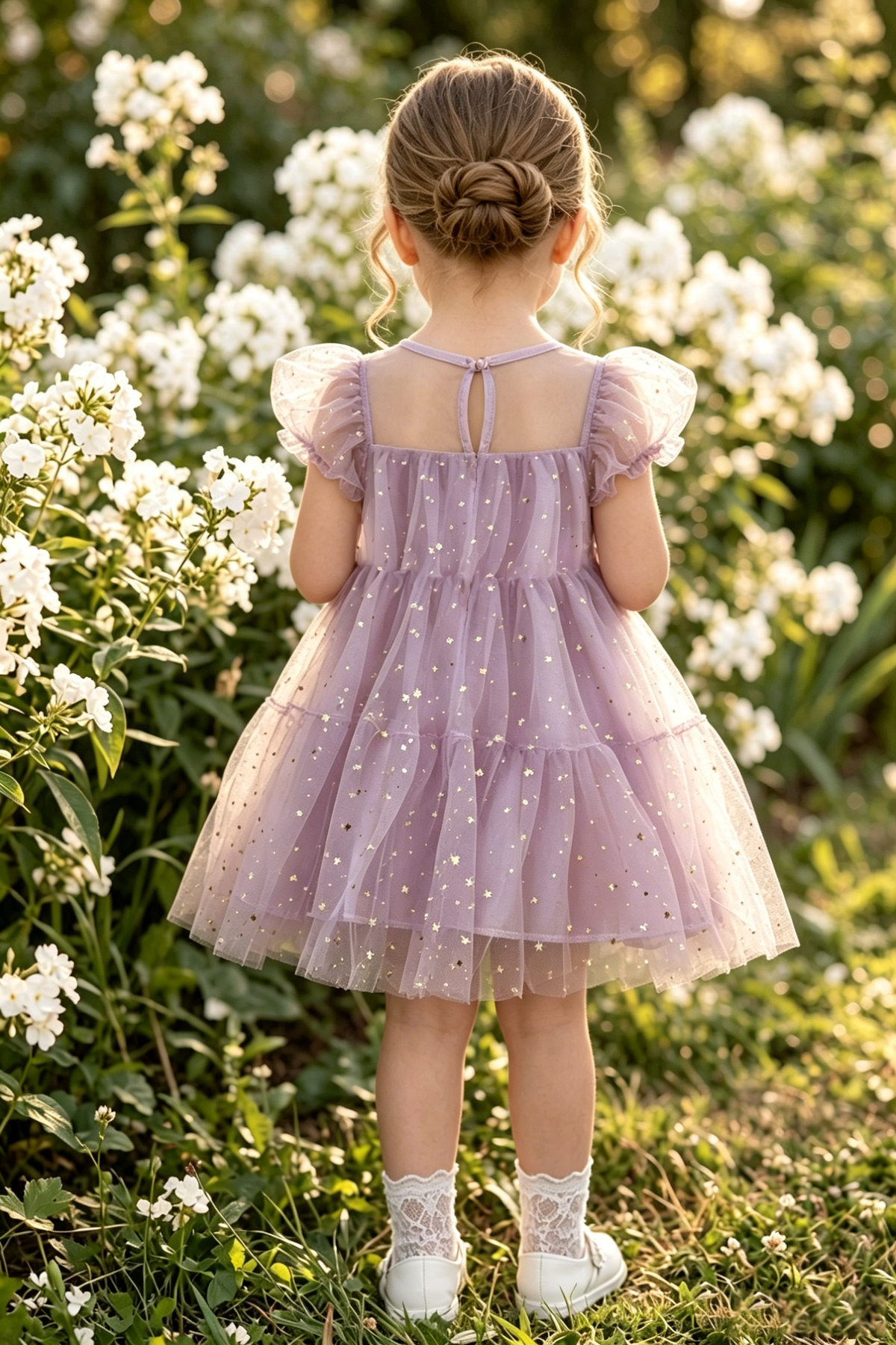 Purple Mesh Star-Foil Puff Sleeve A-line Dress
