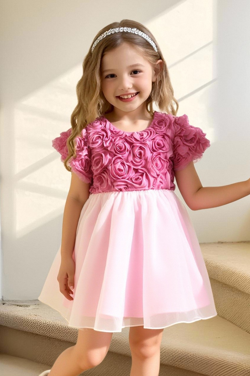 Rose Pink Chiffon Rose Round Neck A-line Dress