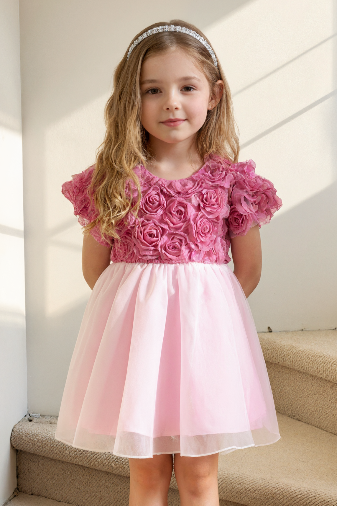 Rose Pink Chiffon Rose Round Neck A-line Dress