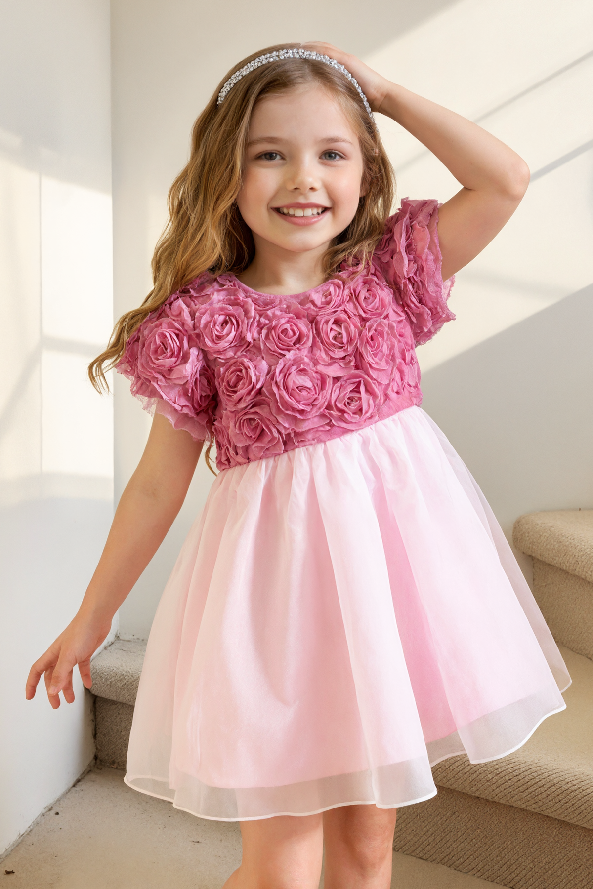 Rose Pink Chiffon Rose Round Neck A-line Dress