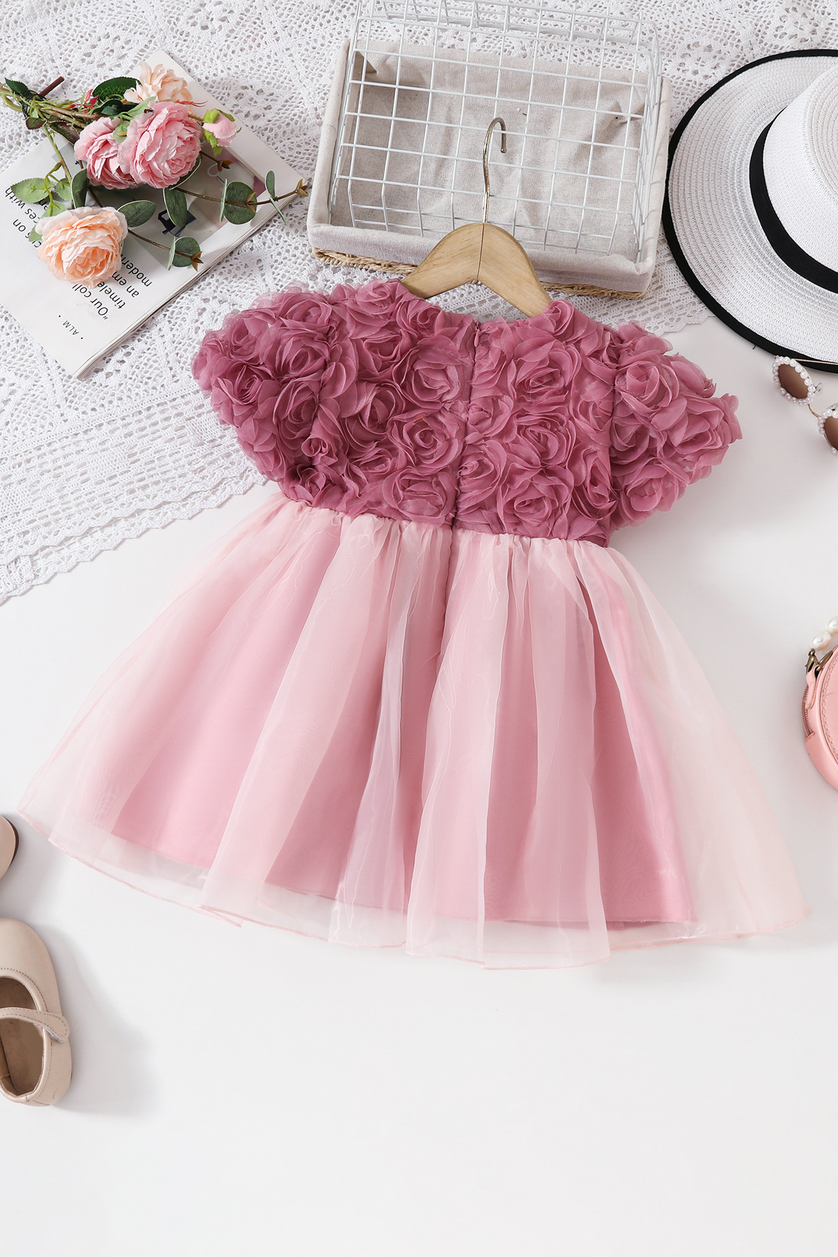 Rose Pink Chiffon Rose Round Neck A-line Dress