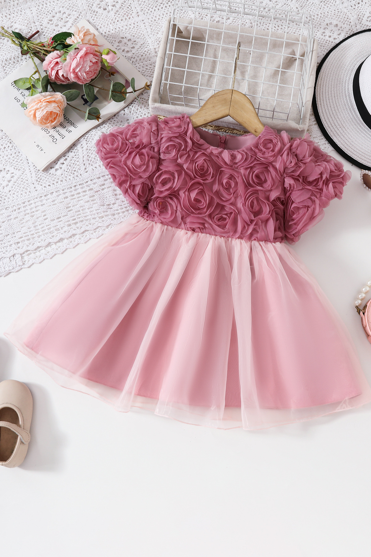 Rose Pink Chiffon Rose Round Neck A-line Dress