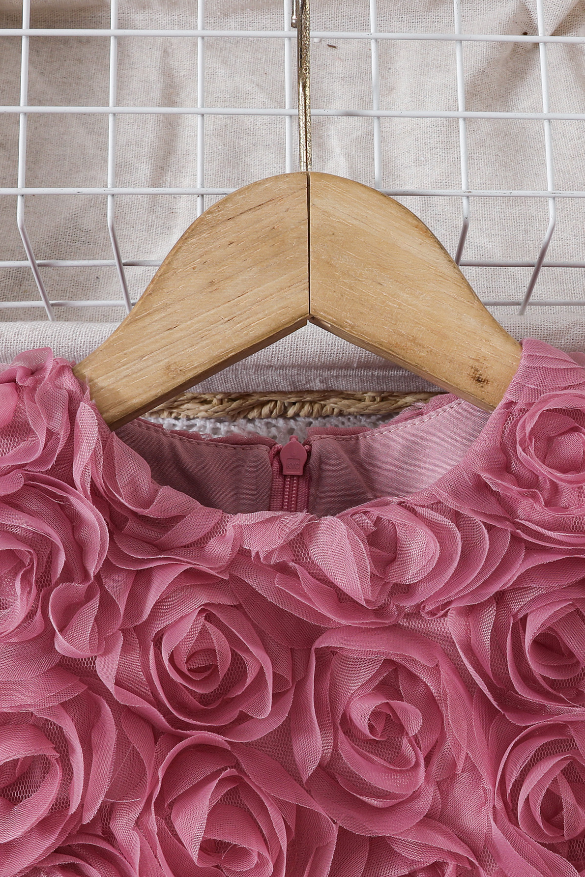 Rose Pink Chiffon Rose Round Neck A-line Dress