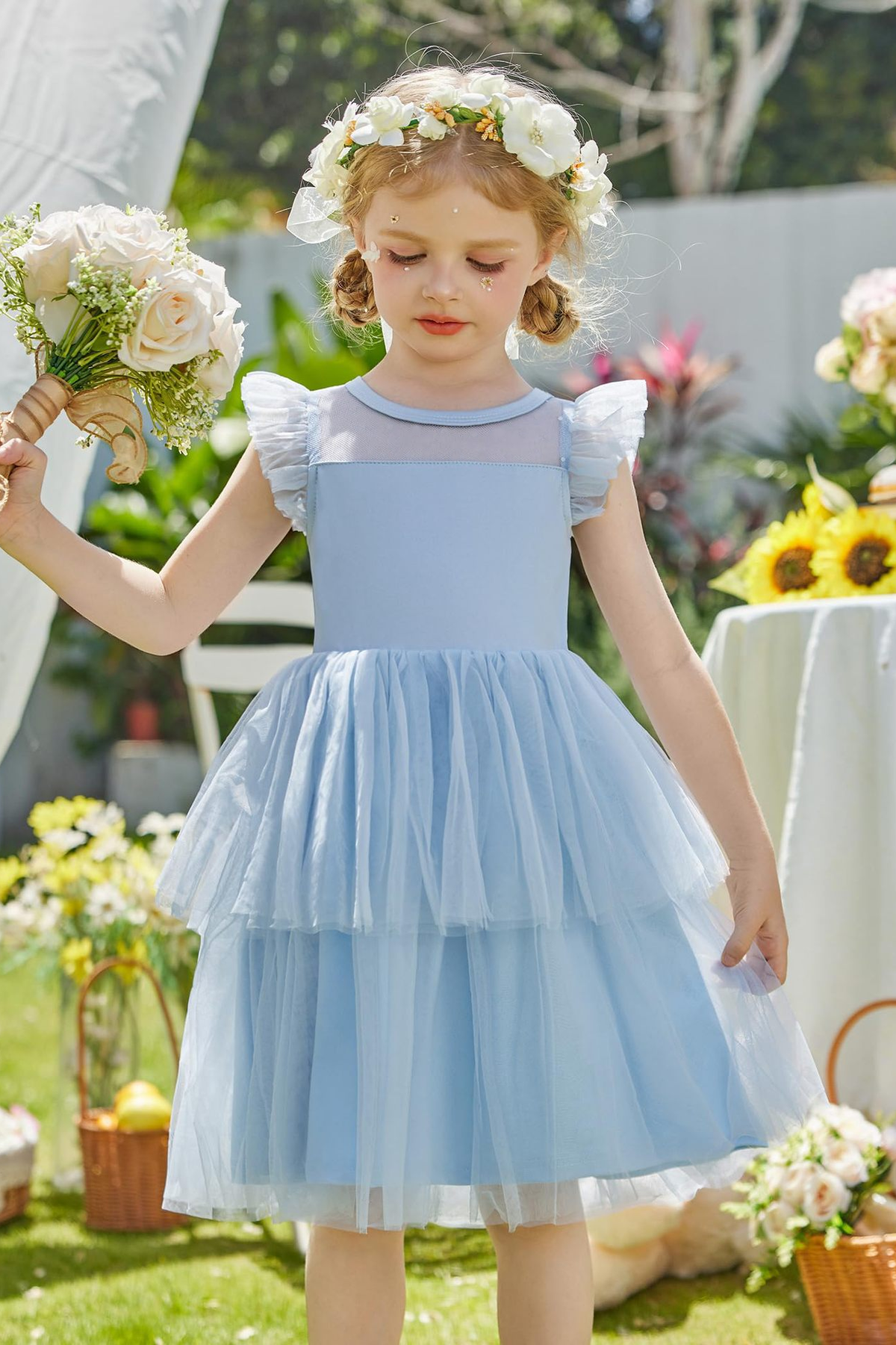Sky Blue Mesh Round Neck Asymmetrical Cake Dress