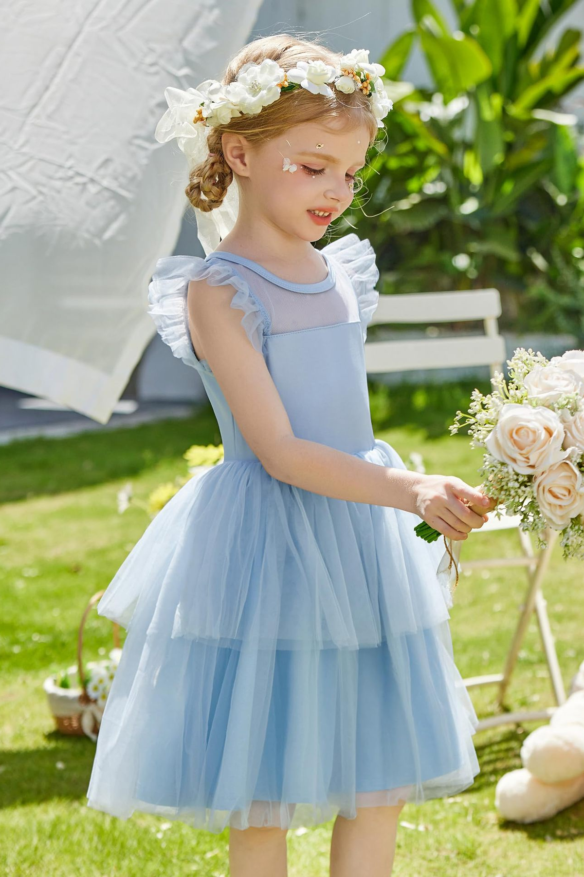 Sky Blue Mesh Round Neck Asymmetrical Cake Dress