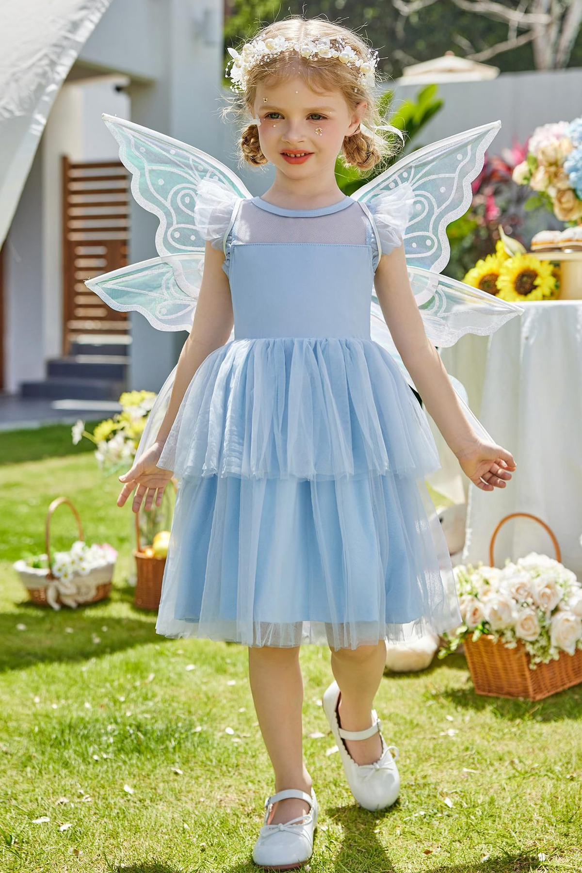 Sky Blue Mesh Round Neck Asymmetrical Cake Dress