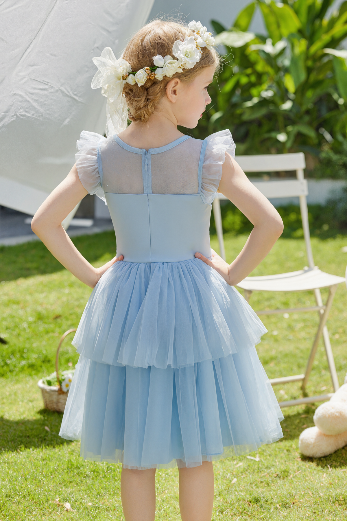 Sky Blue Mesh Round Neck Asymmetrical Cake Dress