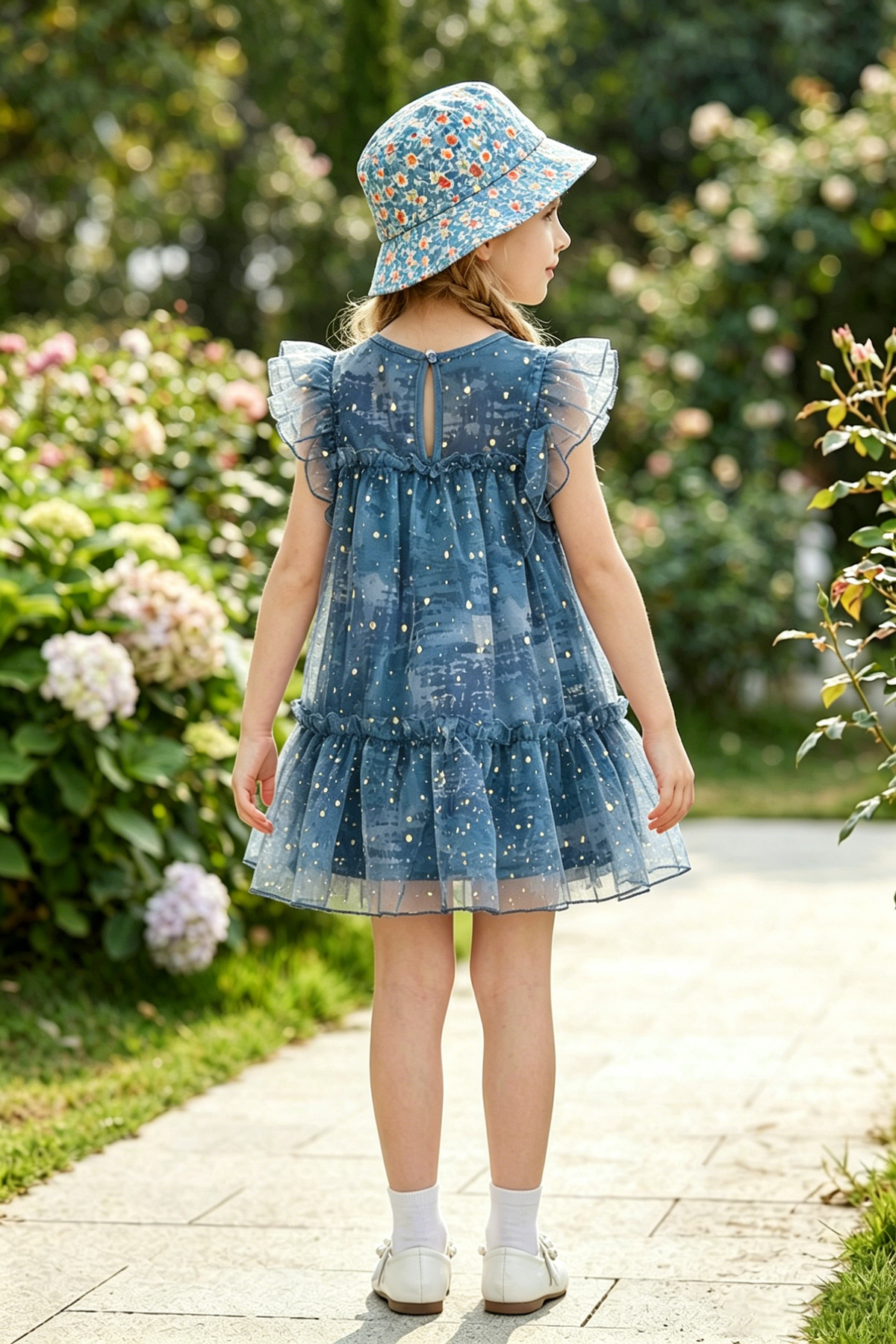 Blue-Gray Chiffon Printed Round Neck Loose Dress